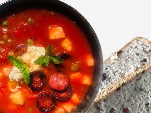 Chunky Chorizo and Bean Soup with Feta with bread on the side